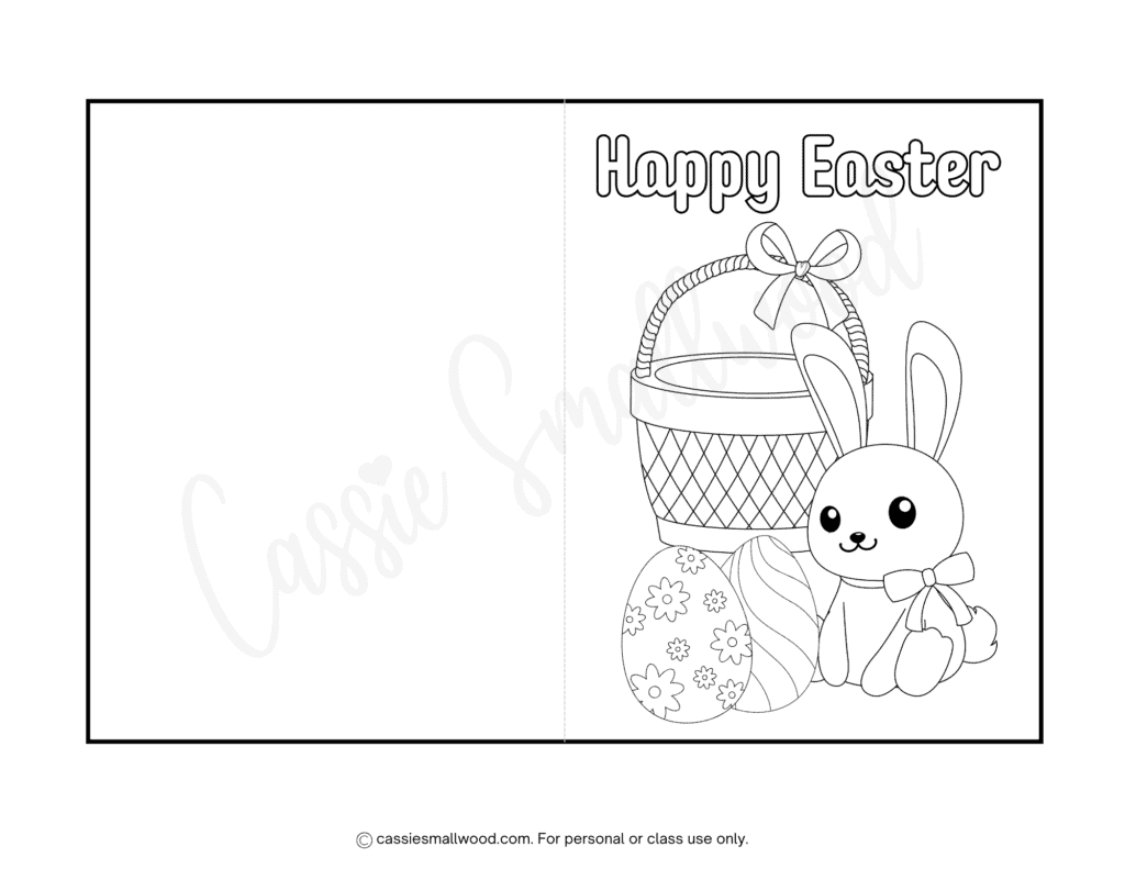 Easter bunny and Easter basket Easter card to color and print, free printable Happy Easter coloring card for kids