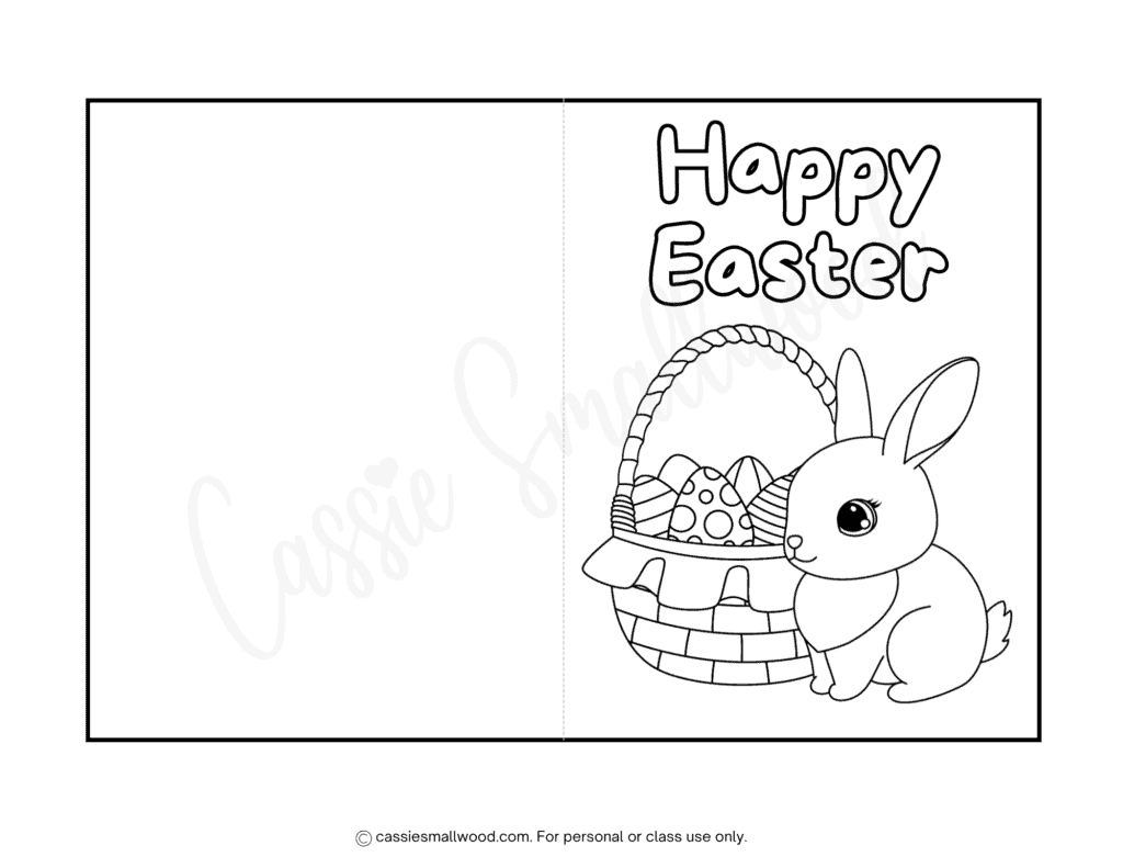 free printable bunny and Easter basket card coloring page pdf, Happy Easter coloring card, Easter card to color for kids