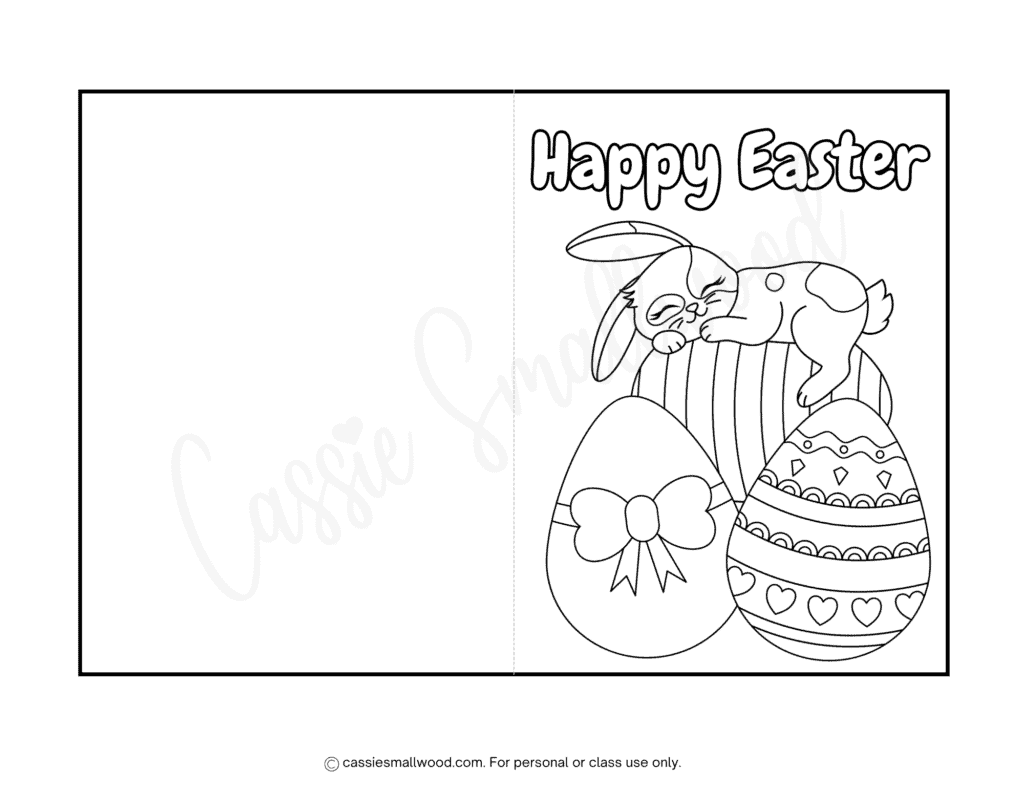 Free printable cute bunny and Easter eggs Easter coloring card for kids pdf, cute Happy Easter card to color, Easter bunny coloring page, Easter eggs coloring sheet
