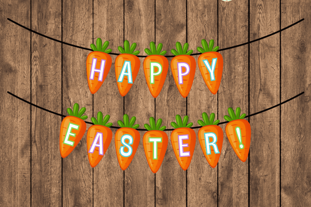 Carrot Happy Easter banner free printable pdf, cute traditional Easter banner diy free printable Easter decorations bunting