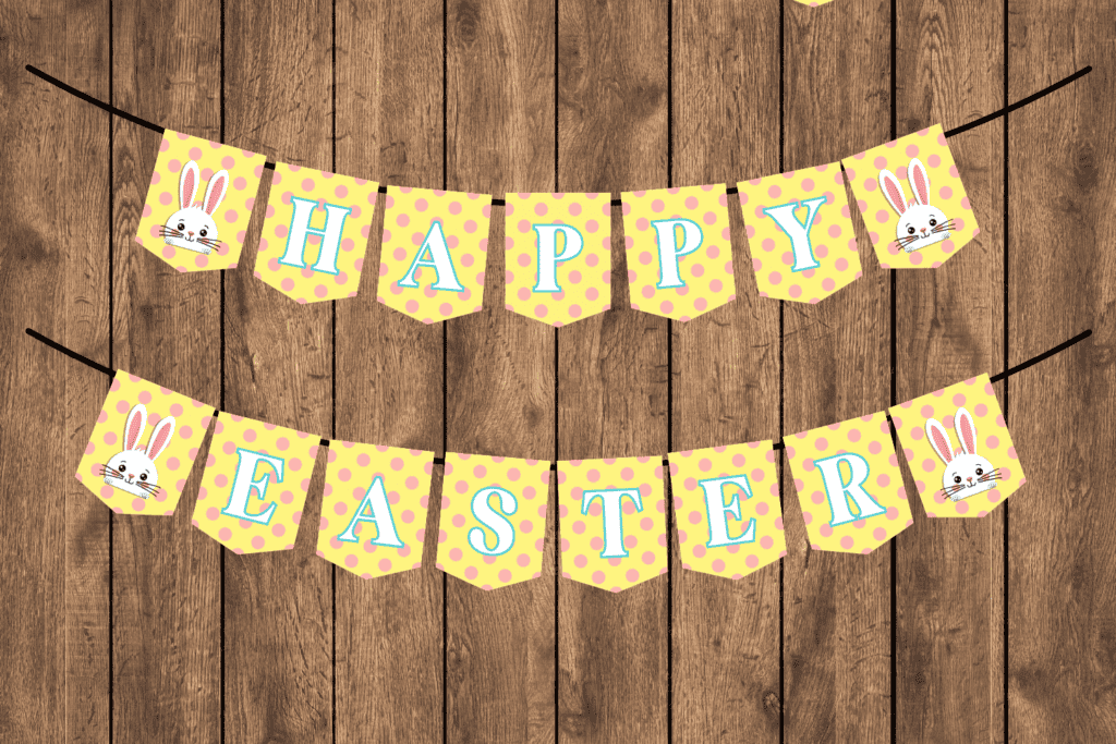 cute bunny colorful Easter banner free printable pdf, yellow and pink polka dot Happy Easter banner free printable Easter decorations for church or classroom
