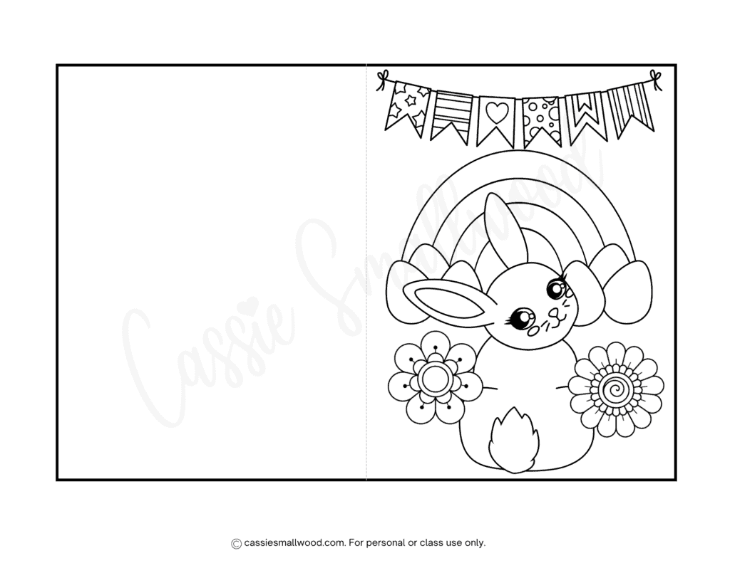 Cute bunny Easter coloring card for kids free printable pdf, Easter card coloring page for children