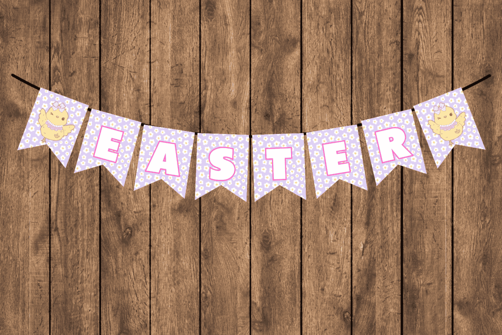 cute chick purple flower Easter banner pastel free printable pdf, Printable Easter decorations paper template