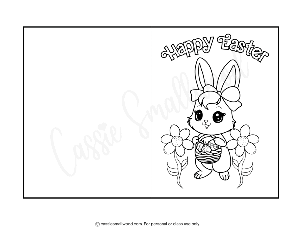 cute girl bunny Happy Easter card to color free printable pdf, cute Easter card coloring page for kids