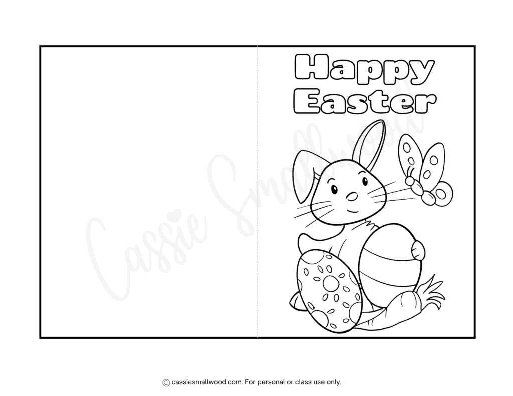 Free printable Easter bunny Easter card to color pdf, happy Easter card coloring page for kids