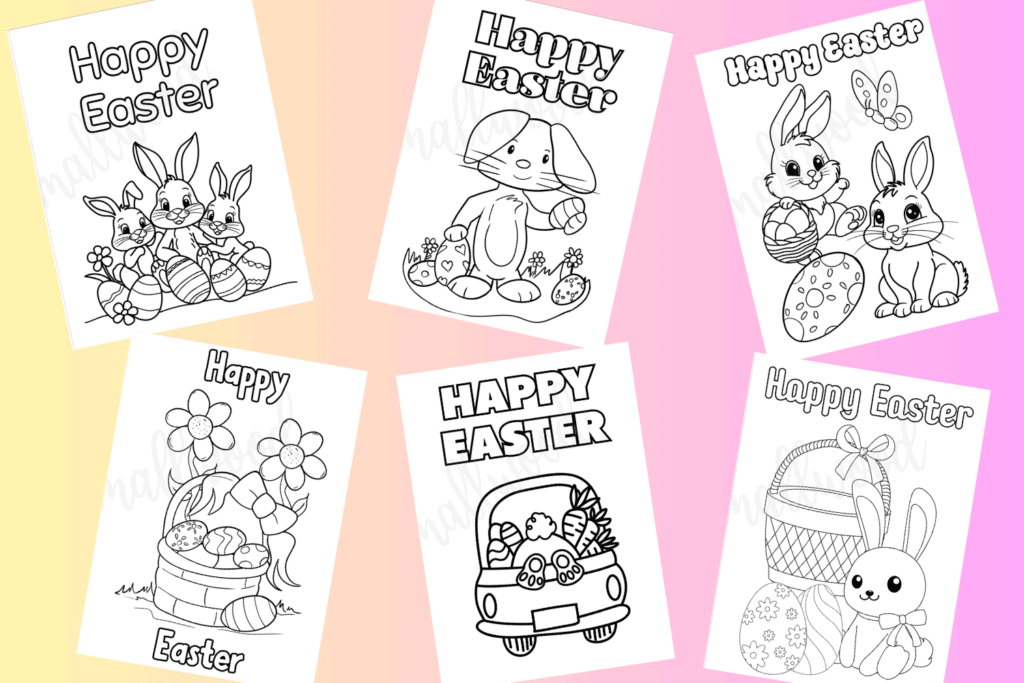 free printable Easter cards to color for kids pdf, Happy Easter coloring cards to print, cute bunny coloring card for Easter, Easter basket card coloring page, Easter chick Easter card coloring sheet, Easter eggs coloring card for preschool
