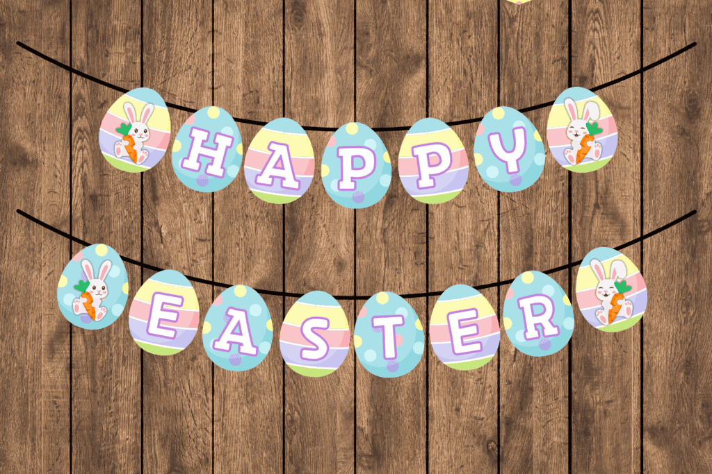 free printable Easter egg Happy Easter banner pdf, Cute bunny Easter bunting pastel