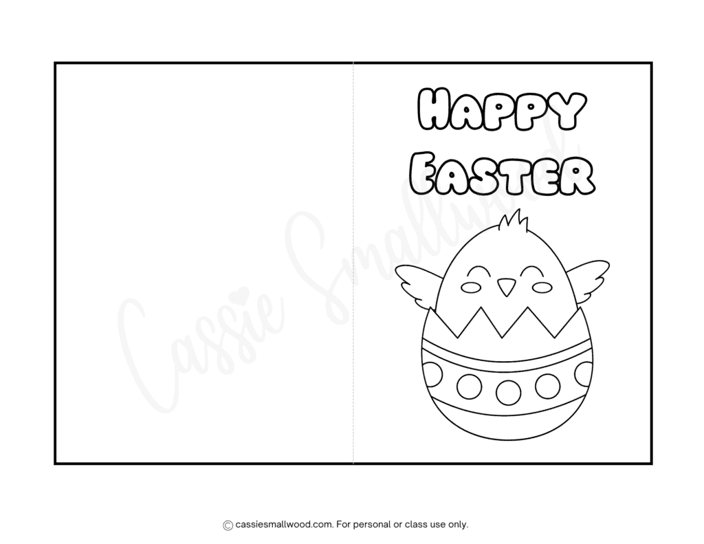 Easy happy Easter card to color free printable pdf, chick in egg Easter coloring page preschool. Easter card coloring sheet for preschoolers simple
