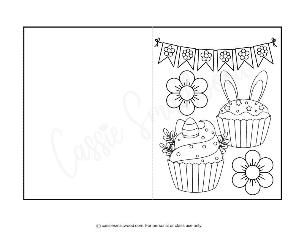 free printable Easter card to color pdf, Easter cupcakes coloring page for kids, Easter coloring card to print for free