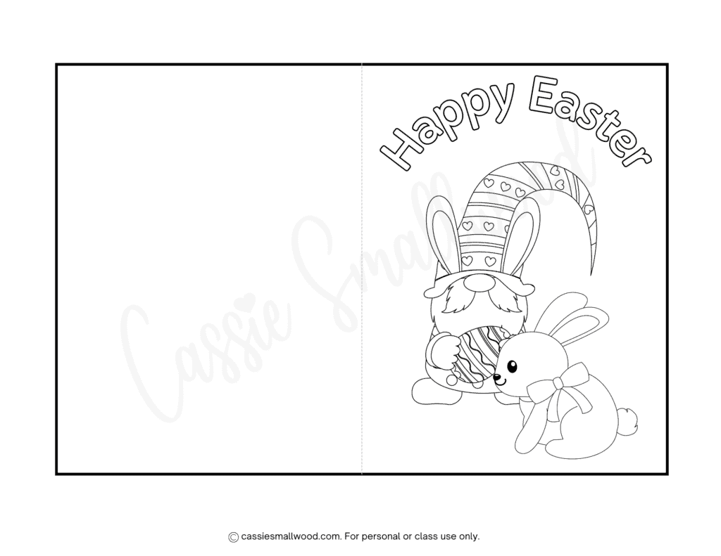 gnome and bunny happy Easter coloring card free printable pdf, Easter card to color and print for kids