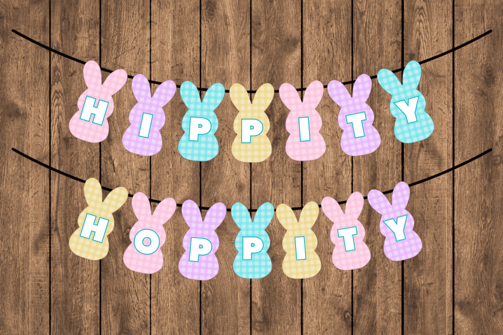 free printable Peeps bunny Easter banner pdf, free printable Easter decorations happy Easter banner cutout