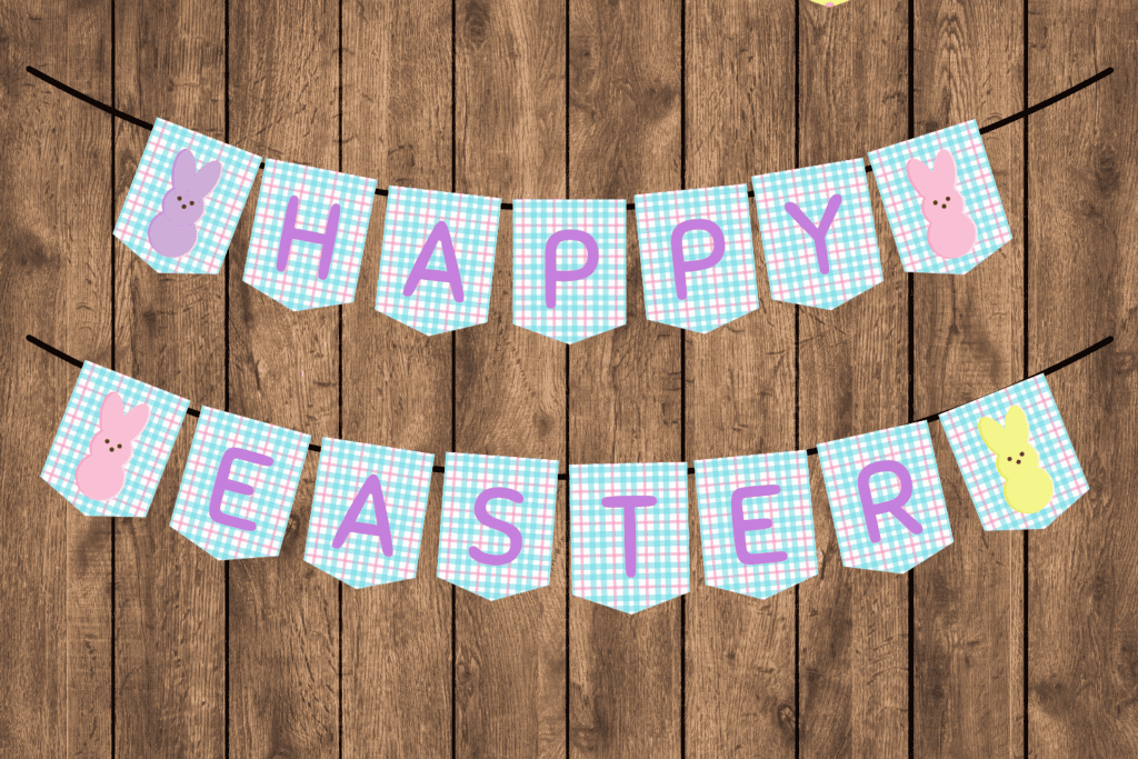 Peeps Happy Easter bunting free printable pdf, cute Easter banner free printable Easter decorations ideas paper