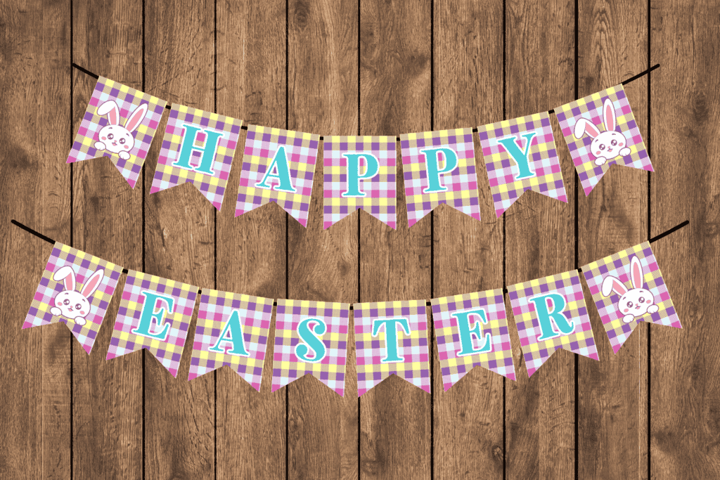 free printable plaid bunny Happy Easter banner pdf, free printable Easter decorations diy banner pattern