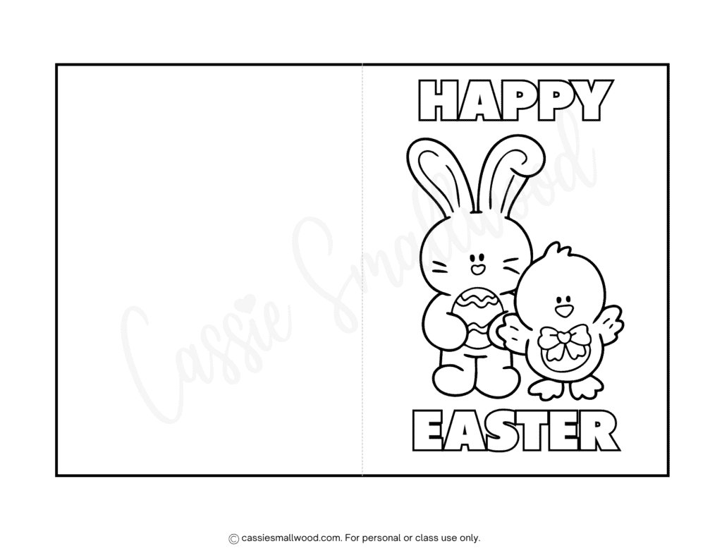 preschool Easter card to color free printable pdf, Easter Bunny and Easter chick Happy Easter coloring card for preschoolers easy Easter coloring sheet