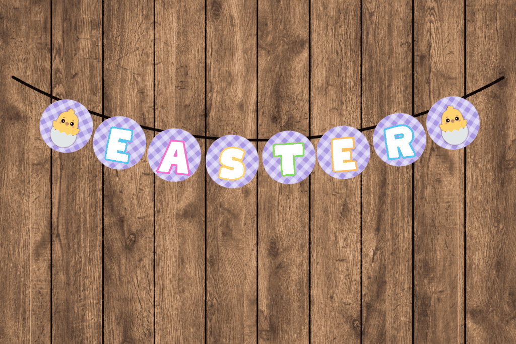 Purple plaid Easter banner free printable pdf, Chick in egg Easter bunting free printable Easter decorations colorful cutout pattern