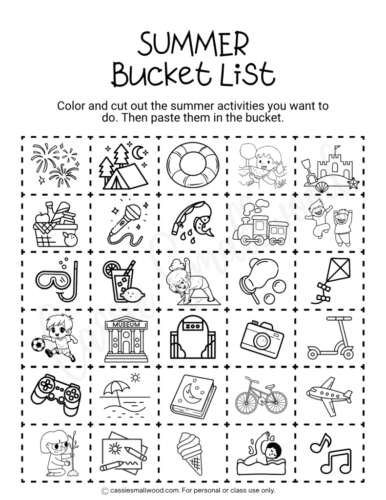 fun summer bucket list coloring activity for students free printable pdf, cute summer bucket list craft for kids, summer bucket list color, cut, and paste worksheet kindergarten, preschool, toddlers, summer bucket list template