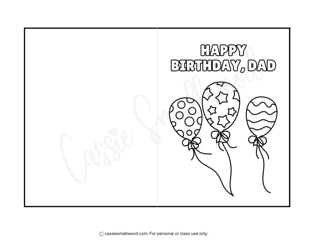 cute balloons Happy birthday dad card to color free printable pdf, easy homemade birthday card for dad for kids to make toddler preschool simple greeting card birthday wishes for dad coloring page