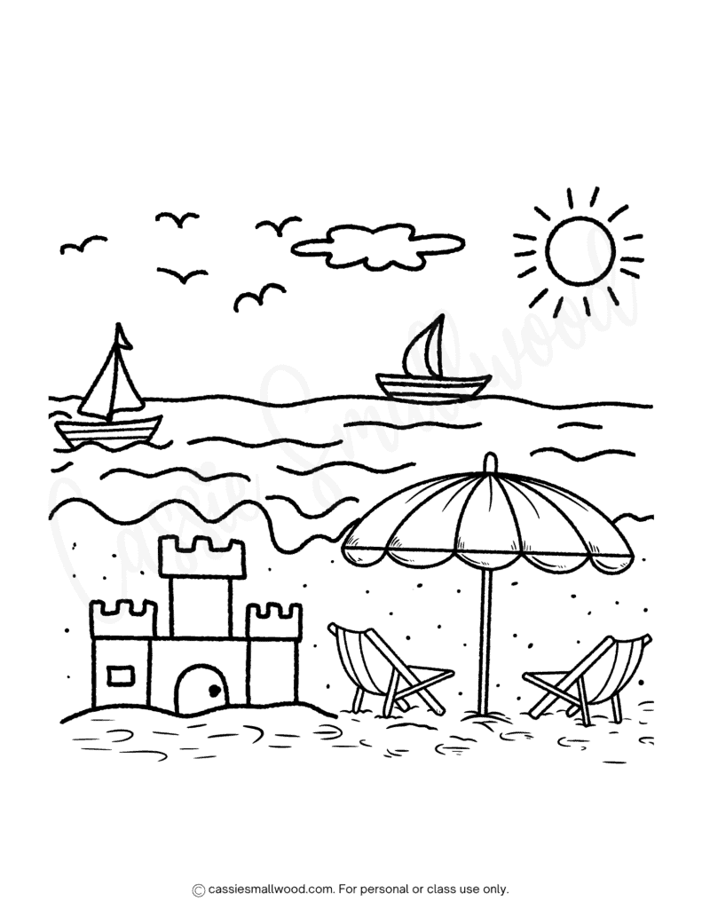 beach coloring page free printable pdf, ocean coloring sheet for kids, sand castle coloring page