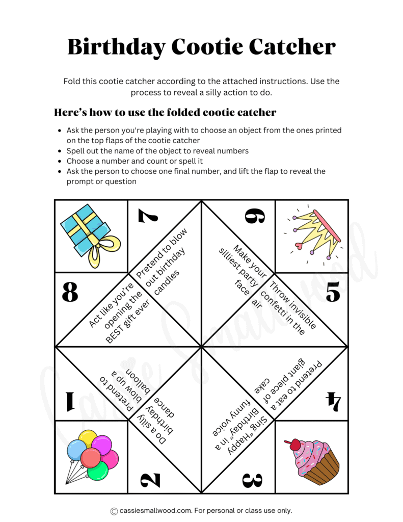 Happy Birthday cootie catcher free printable pdf, sleepover cootie catcher game free printable, birthday paper fortune teller for kids, birthday joke teller, birthday party cootie catcher game