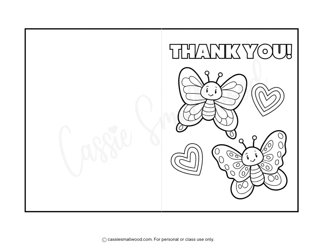 cute butterfly thank you card to color free printable pdf, birthday thank you card coloring sheet for kids to print and color