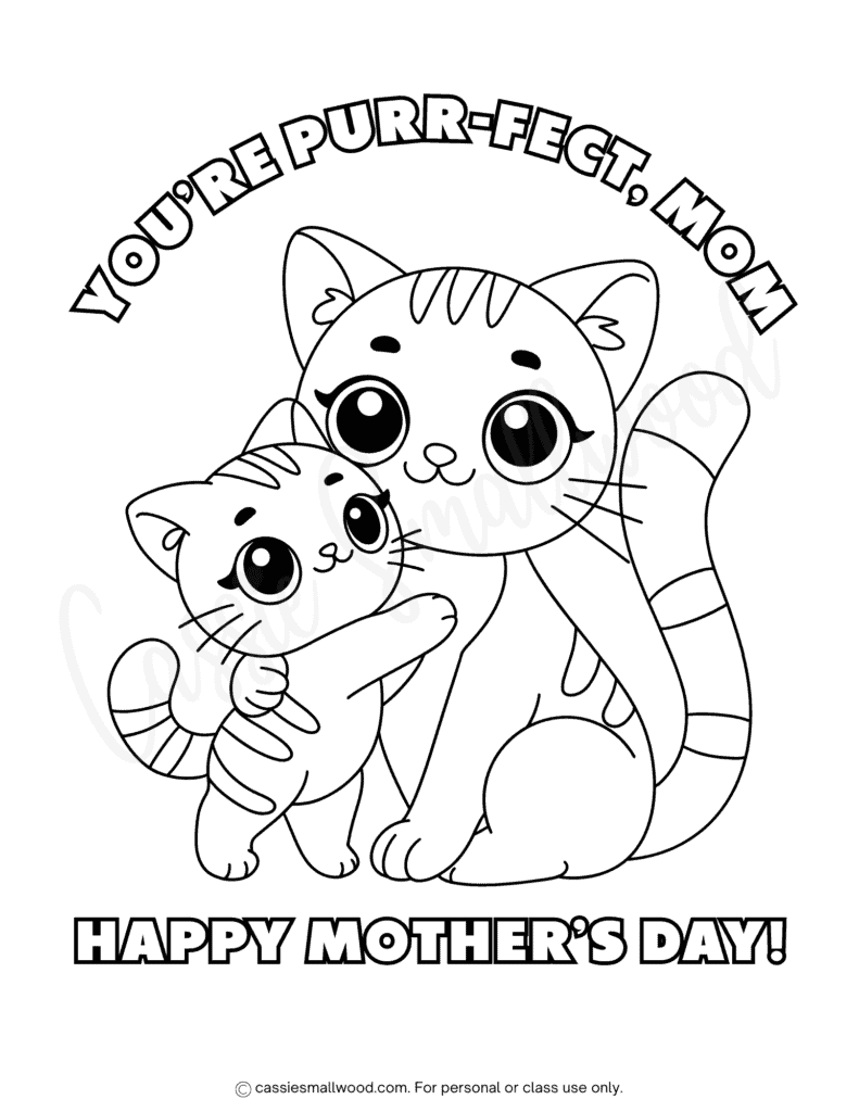 cute cat Mother's Day coloring page free printable pdf, Happy Mother's Day coloring sheet for kids boy or girl
