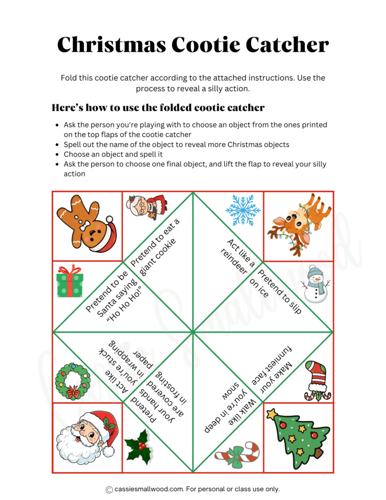 free printable Christmas cootie catcher template pdf, free printable Christmas paper fortune teller kids, free printable Christmas activities for kids, Christmas printables classroom, printable Christmas games for kids
