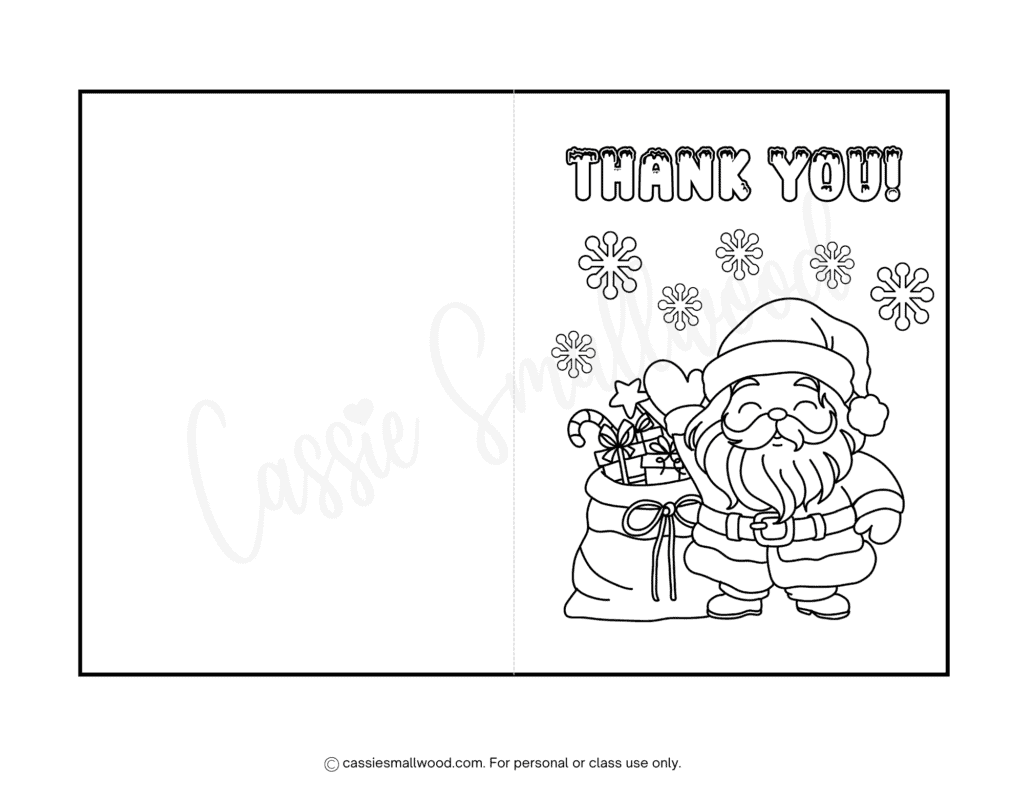 cute Christmas thank you coloring card free printable pdf, Christmas thank you card to color from kids, Christmas thank you for the gift card coloring sheet