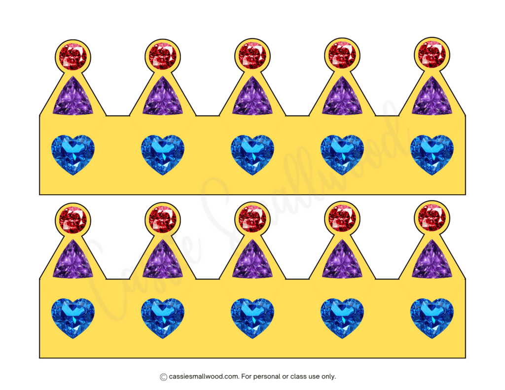 free printable colored wearable crown template with gems pdf, royal crown cutout, crown headband template, children's crown headband craft stencil, queen crown cutout, king crown pattern, princess crown cutout, prince crown stencil