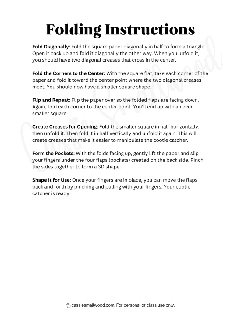 free printable cootie catcher folding instructions pdf, how to make a cootie catcher, step by step how to fold a paper fortune teller origami for kids. how to fold a cootie catcher
