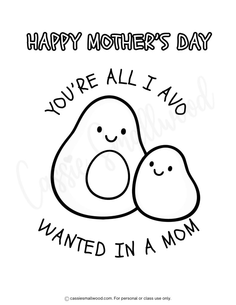 cute avocado Mother's day coloring picture free printable pdf, cute kawaii Mother's Day coloring page for kids to print for free