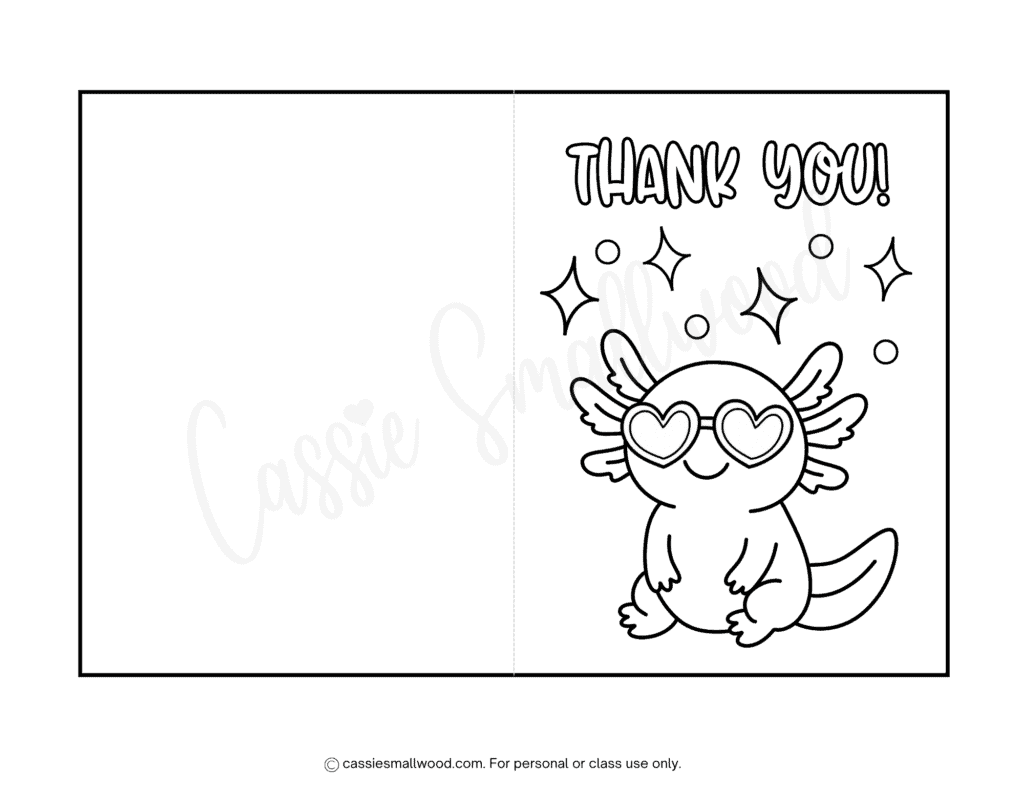 cute axolotl thank you card to color free printable pdf, easy handmade thank you card coloring pages, thank you coloring card from kids