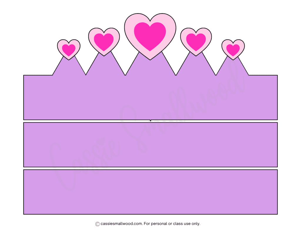 cute heart crown paper craft template free printable pdf, pink and purple princess crown cutout, cute birthday crown template for kids, cute crown headband paper craft stencil