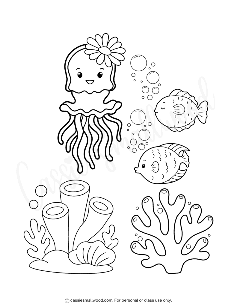 cute jellyfish and fish coloring page free printable pdf, under the sea animal coloring page, black and white aquatic animals coloring sheet