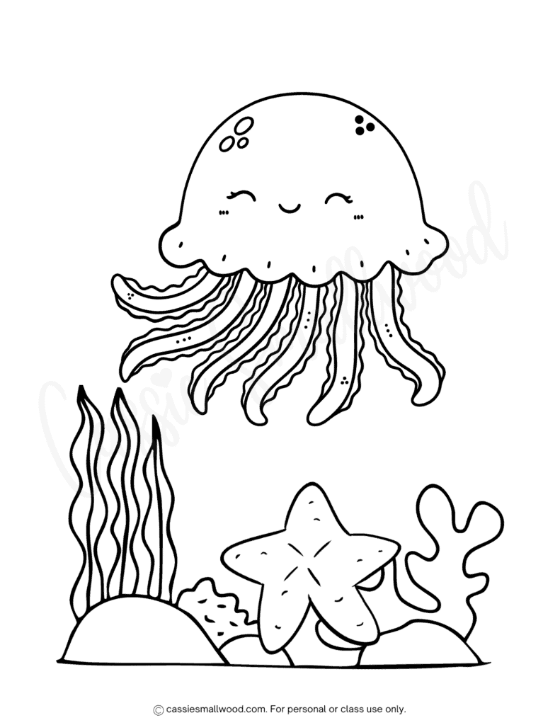cute jellyfish and starfish coloring sheet free printable pdf, kawaii under the sea coloring page for kids, coral reef coloring page easy