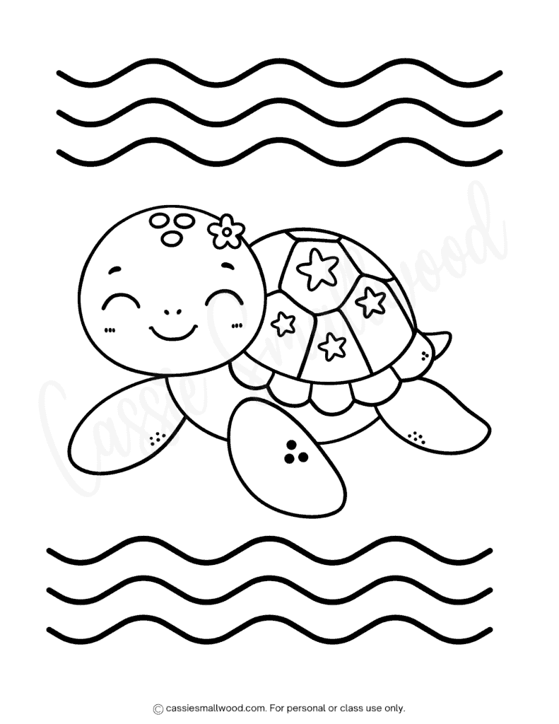 cute sea turtle coloring page free printable pdf, kawaii sea turtle coloring sheet, ocean animal coloring page for kids easy