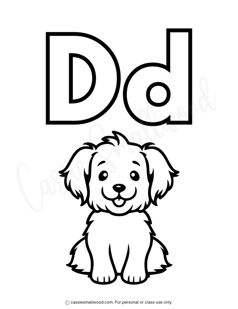 preschool alphabet coloring pages a to z free printable pdf for kids, complete alphabet coloring sheets for children, letter D coloring page, cute dog coloring sheet for kids