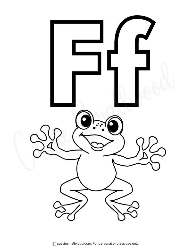 free printable letter F coloring sheet for toddlers pdf, frog coloring page, complete alphabet coloring pages simple for kindergarten