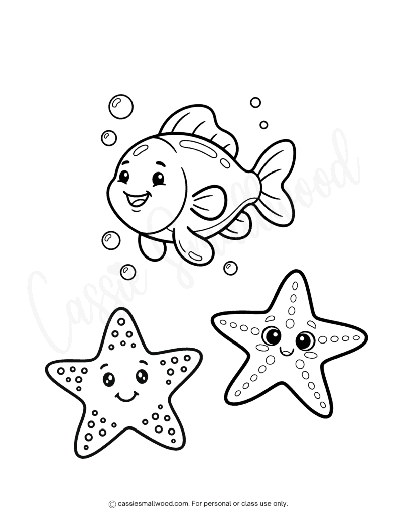 kawaii cute fish and starfish coloring sheet for kids free printable pdf, easy ocean animals coloring page preschool, fish coloring page toddlers, starfish coloring page kindergarten