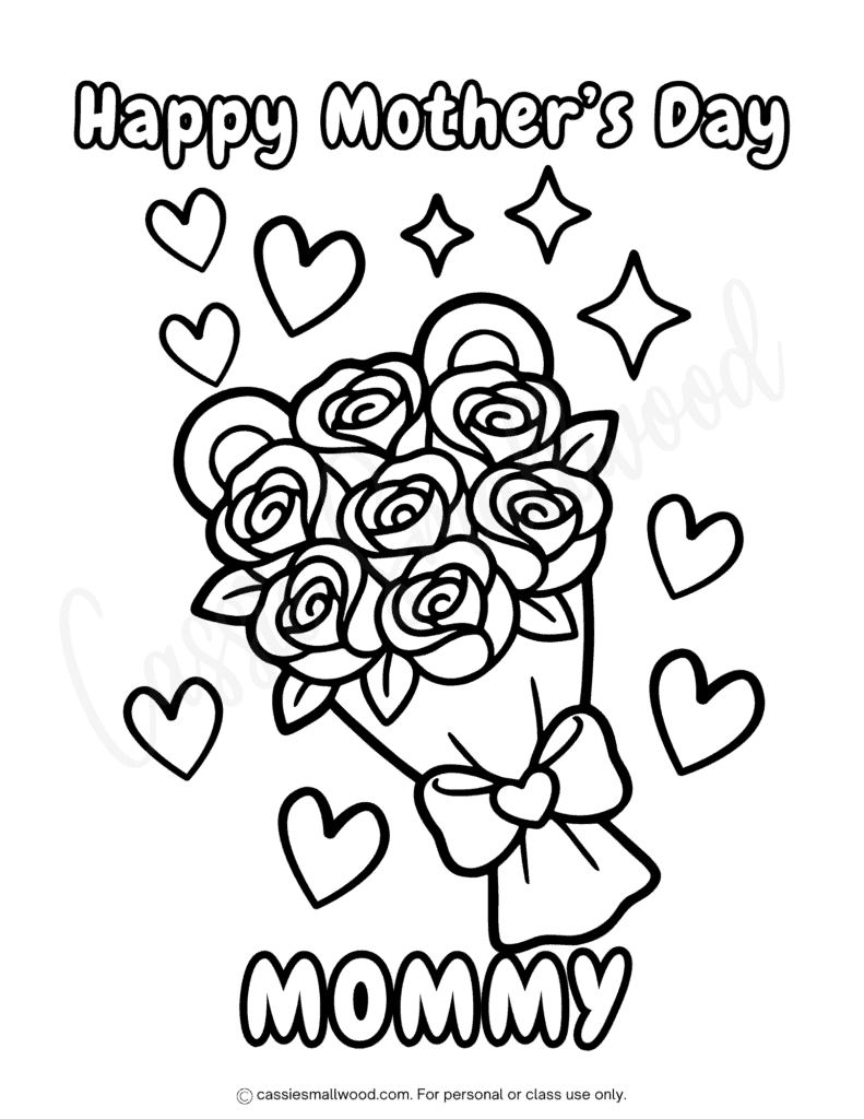 flower bouquet Mother's day coloring page free printable pdf, Happy Mother's Day mommy coloring sheet for kids