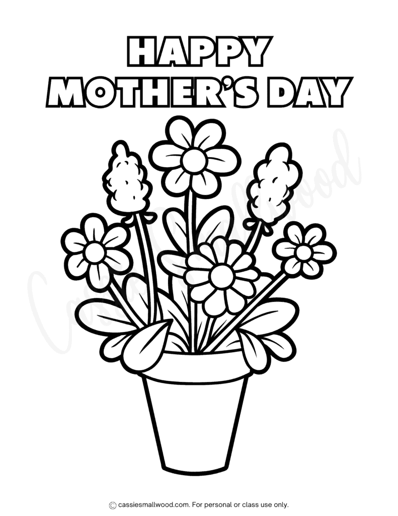 cute flower pot Happy Mother's Day coloring sheet free printable pdf, flower Mother's Day coloring page for kids easy