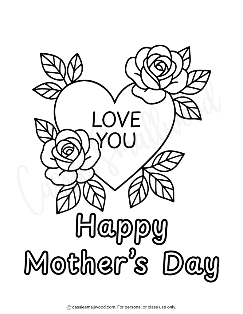 free printable flower and heart Mother's Day coloring page pdf, rose Happy Mother's Day coloring sheet