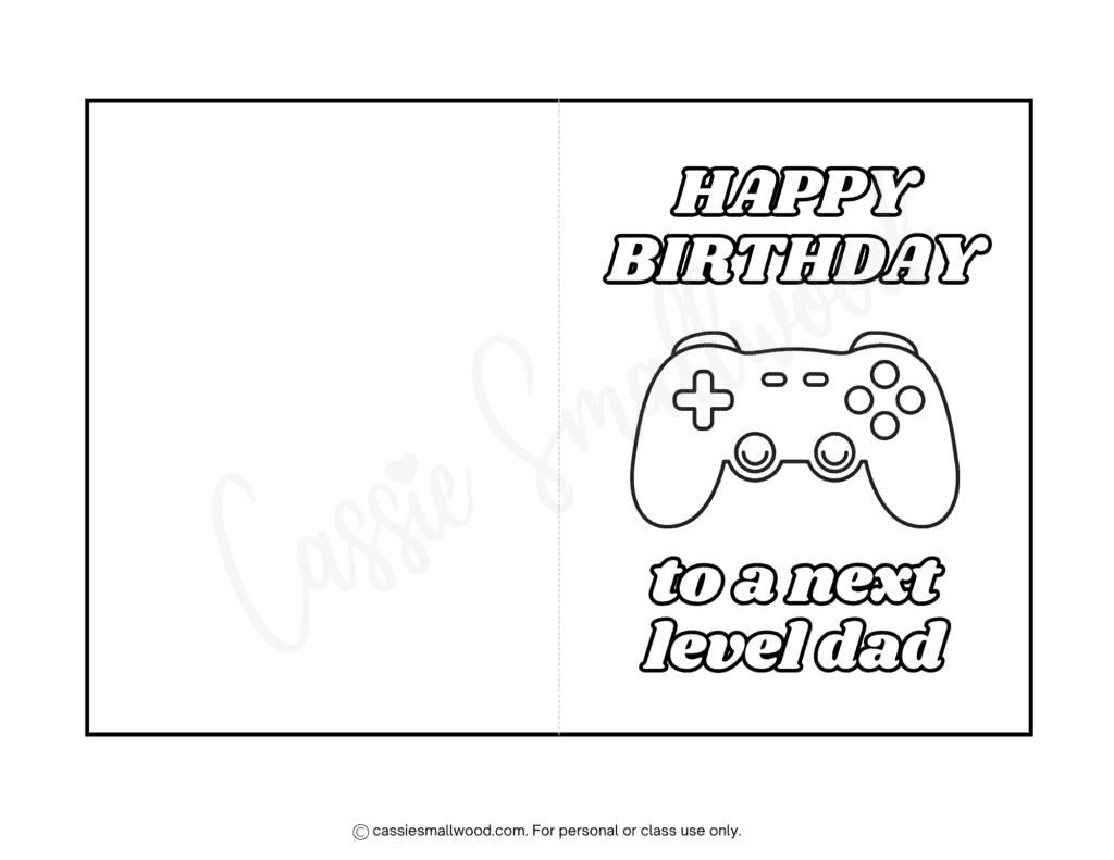 gamer dad birthday card to color free printable pdf, game controller birthday card for dad coloring page, video game birthday coloring card for dad black and white foldable card template diy last minute dad birthday greeting card from kids son or daughter