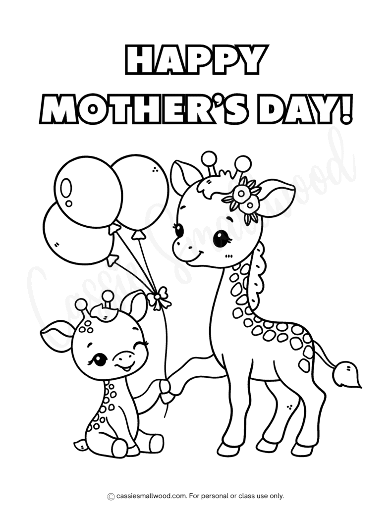 cute giraffe Mother's Day coloring sheet for kids free printable pdf, kawaii Happy Mother's Day coloring page to print for free and color