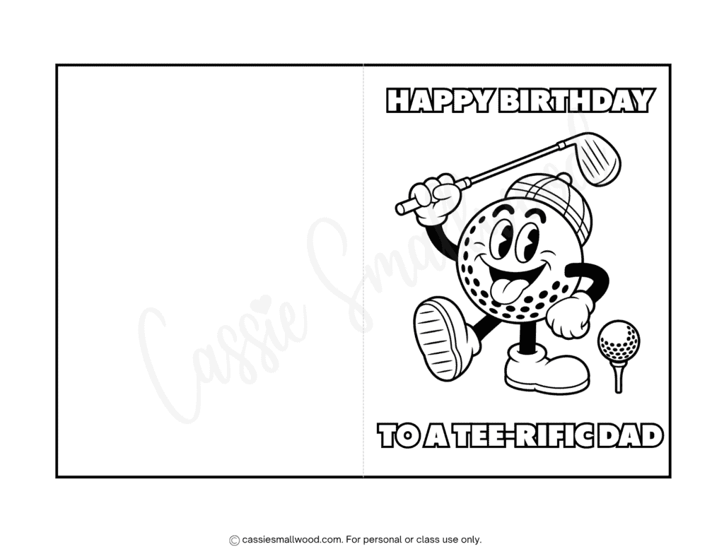 cute golf pun happy birthday dad card to color free printable pdf, funny golf dad birthday card coloring page, foldable printable birthday card for dad golf coloring sheet free download