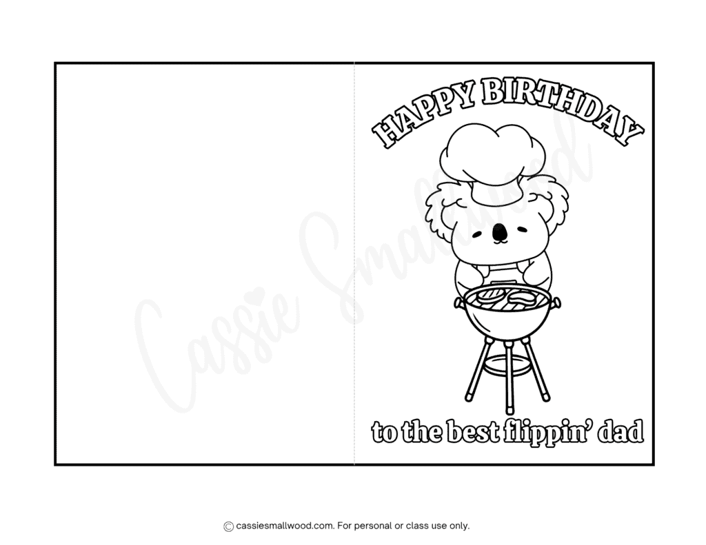 cute grilling dad birthday card to color free printable pdf, koala bear dad birthday coloring card, grill dad birthday card coloring page for kids free download foldable printable Happy birthday dad card printable to color