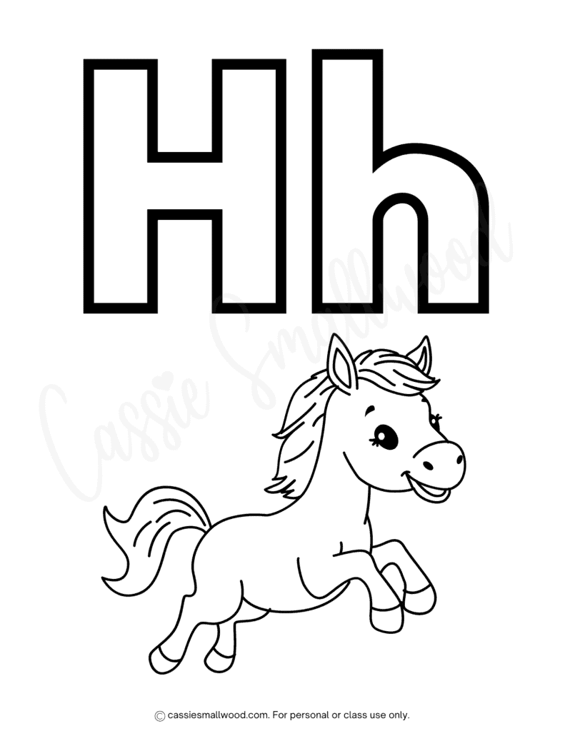 free printable alphabet coloring pages easy pdf, simple ABC coloring sheets preschool toddlers, Letter H coloring page for children, cute horse coloring page