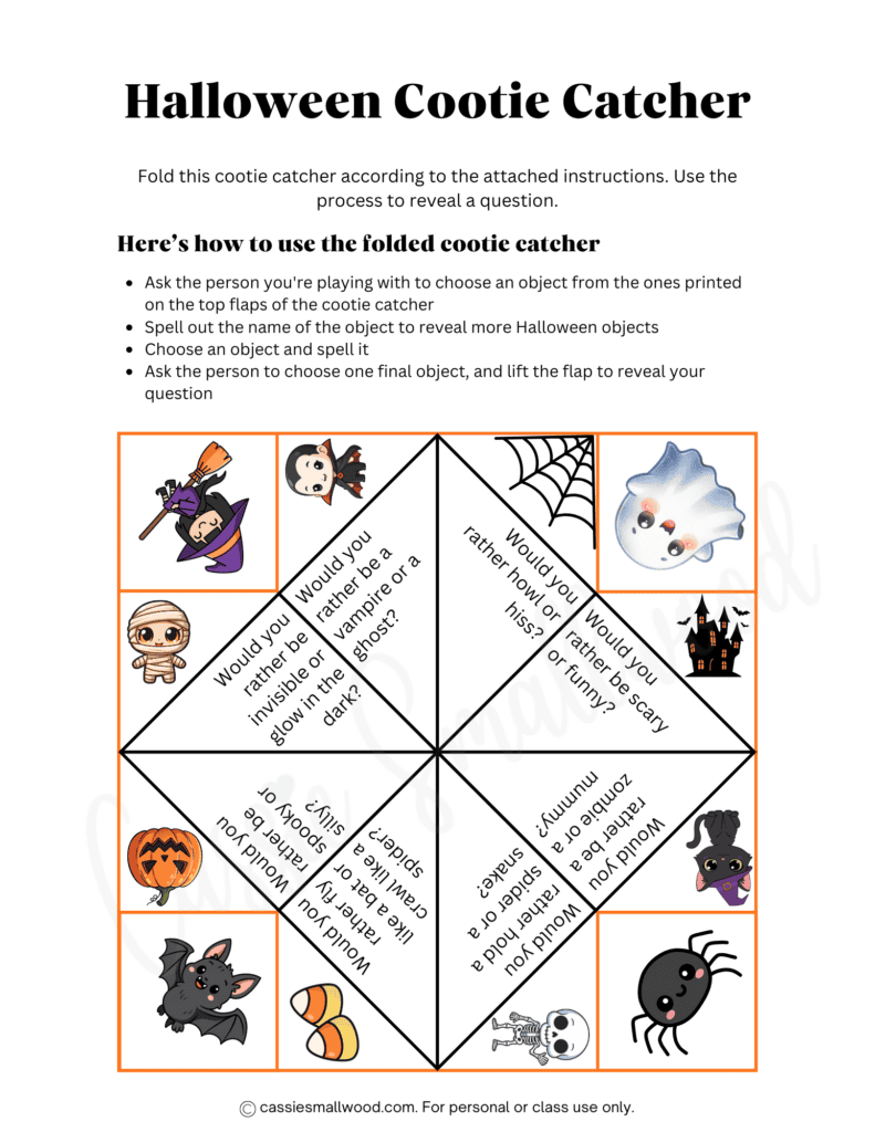 Free printable Halloween cootie catcher pdf, Halloween paper fortune teller template free printable, Halloween activities for kids free printable, Halloween printables for kids, Halloween would you rather