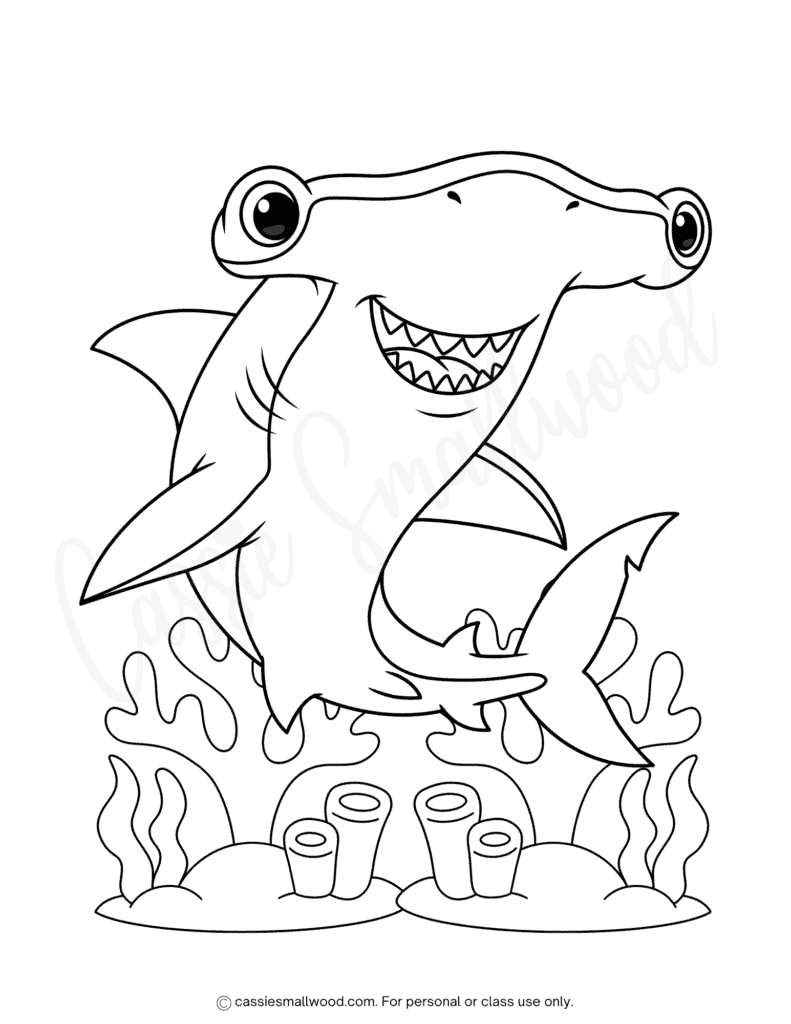 hammerhead shark coloring page free printable pdf, underwater shark coloring sheet for kids, ocean coloring page, under the sea coloring page