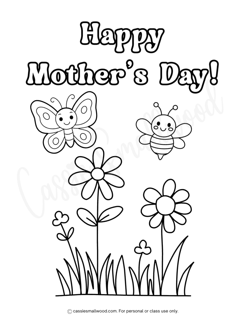 happy mother's day cute picture to color free printable pdf with butterfly, bee, and flowers, spring coloring page for kids