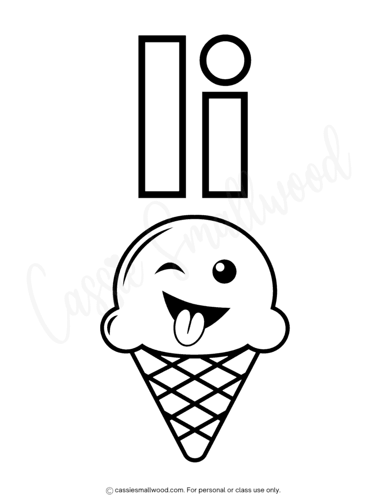Uppercase and lowercase alphabet coloring pages free printable pdf, letter I coloring sheet for kids, cute kawaii ice cream coloring page to print for free